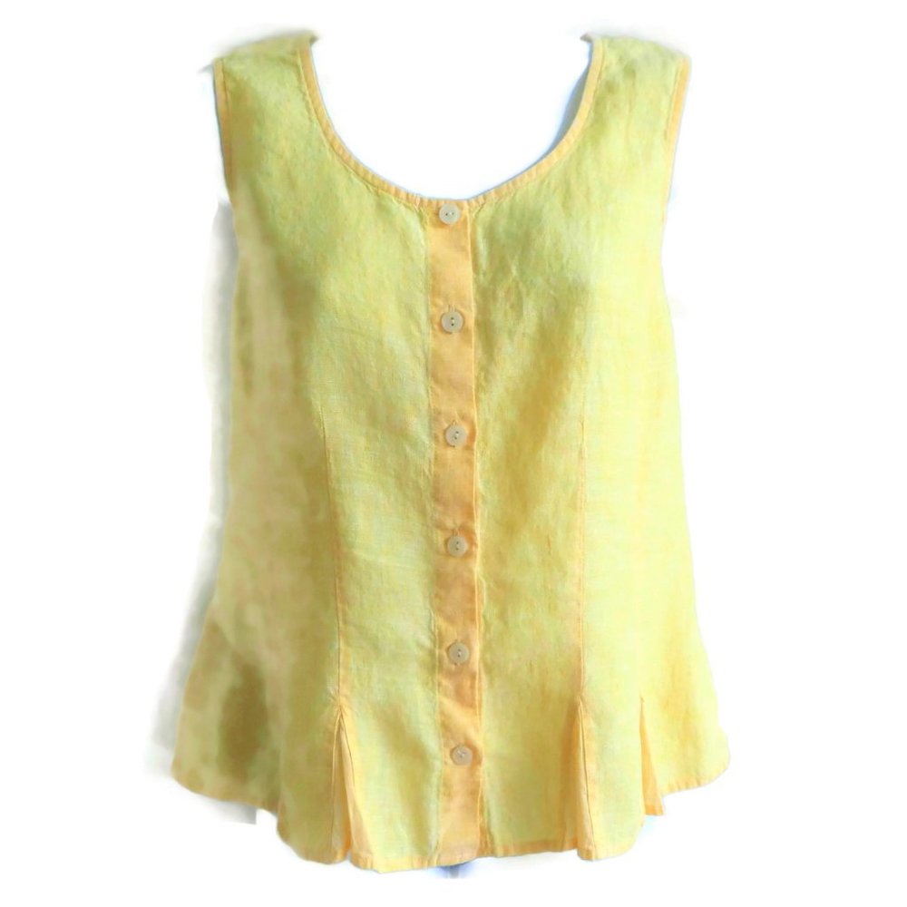 J Jill LiNeN Top Yellow Sleeveless Crew Flower Buttons Front M